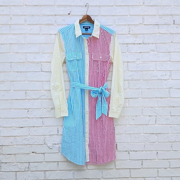 Lands' End Seersucker Colorblock Shirt Dress - Picture 3 of 9